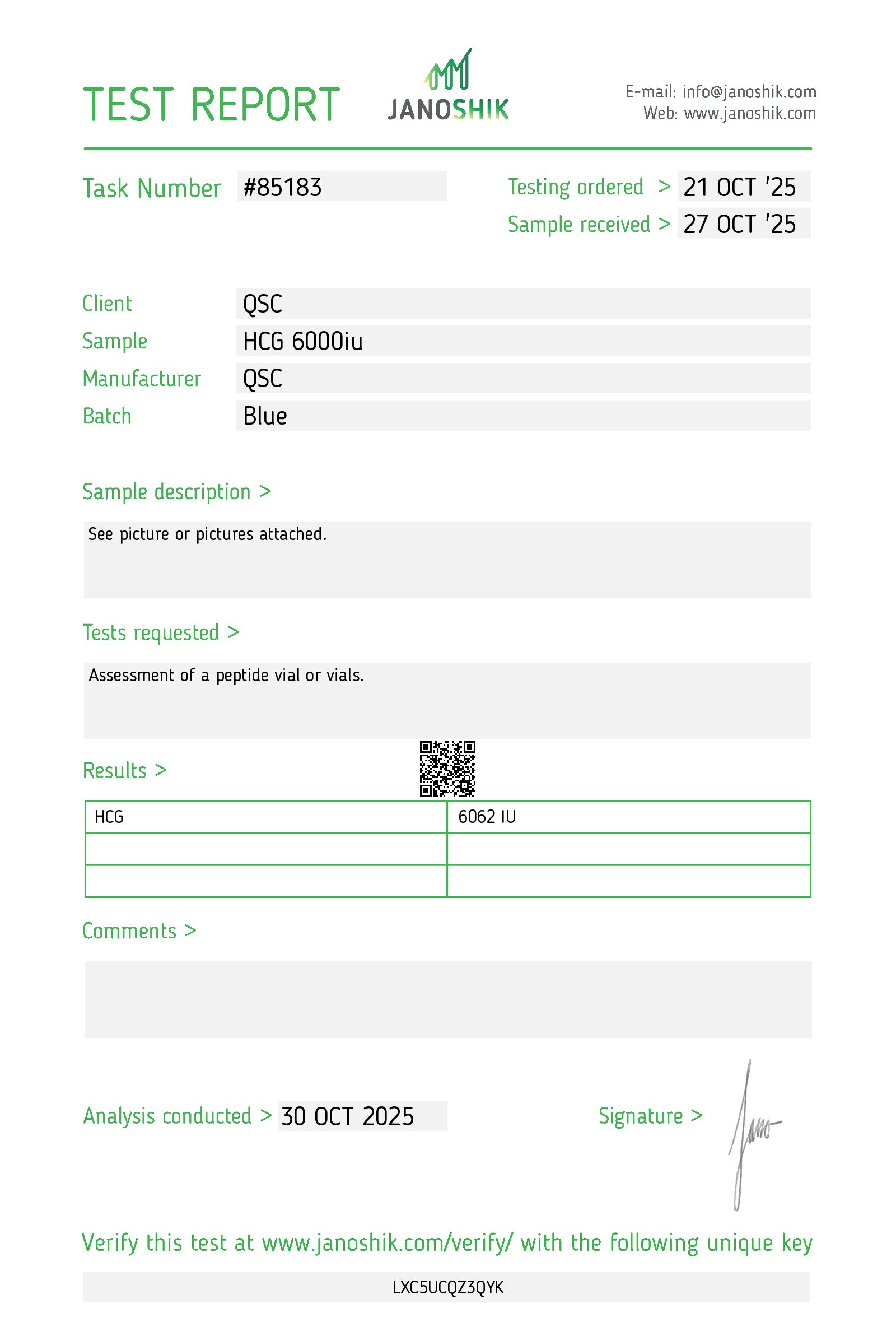 HCG 6000 IU | 10-Vial Kit - Janoshik test report