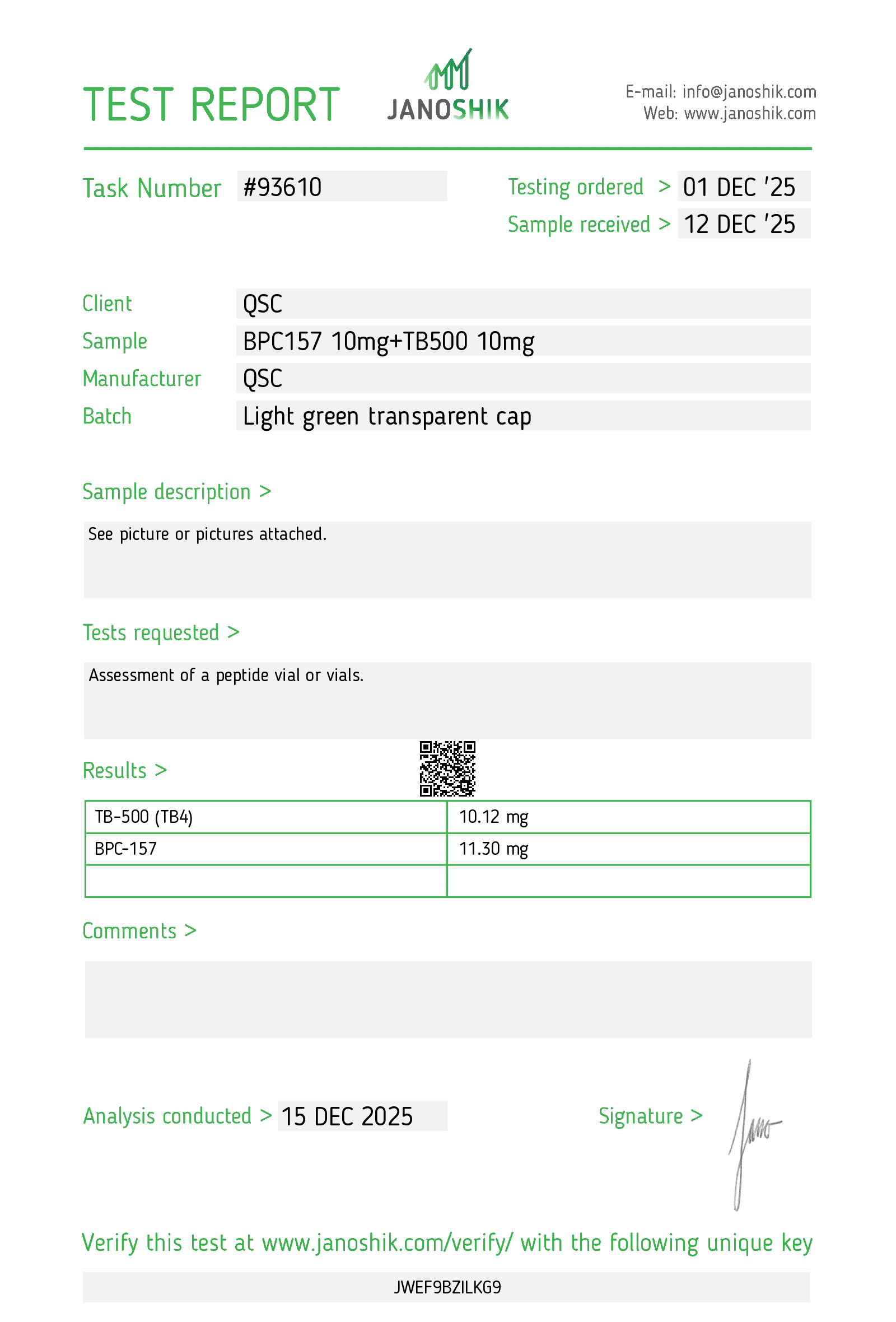 BPC-157 + TB-500 Blend 20mg | 20-Vial Kit | Recovery Stack - Janoshik test report