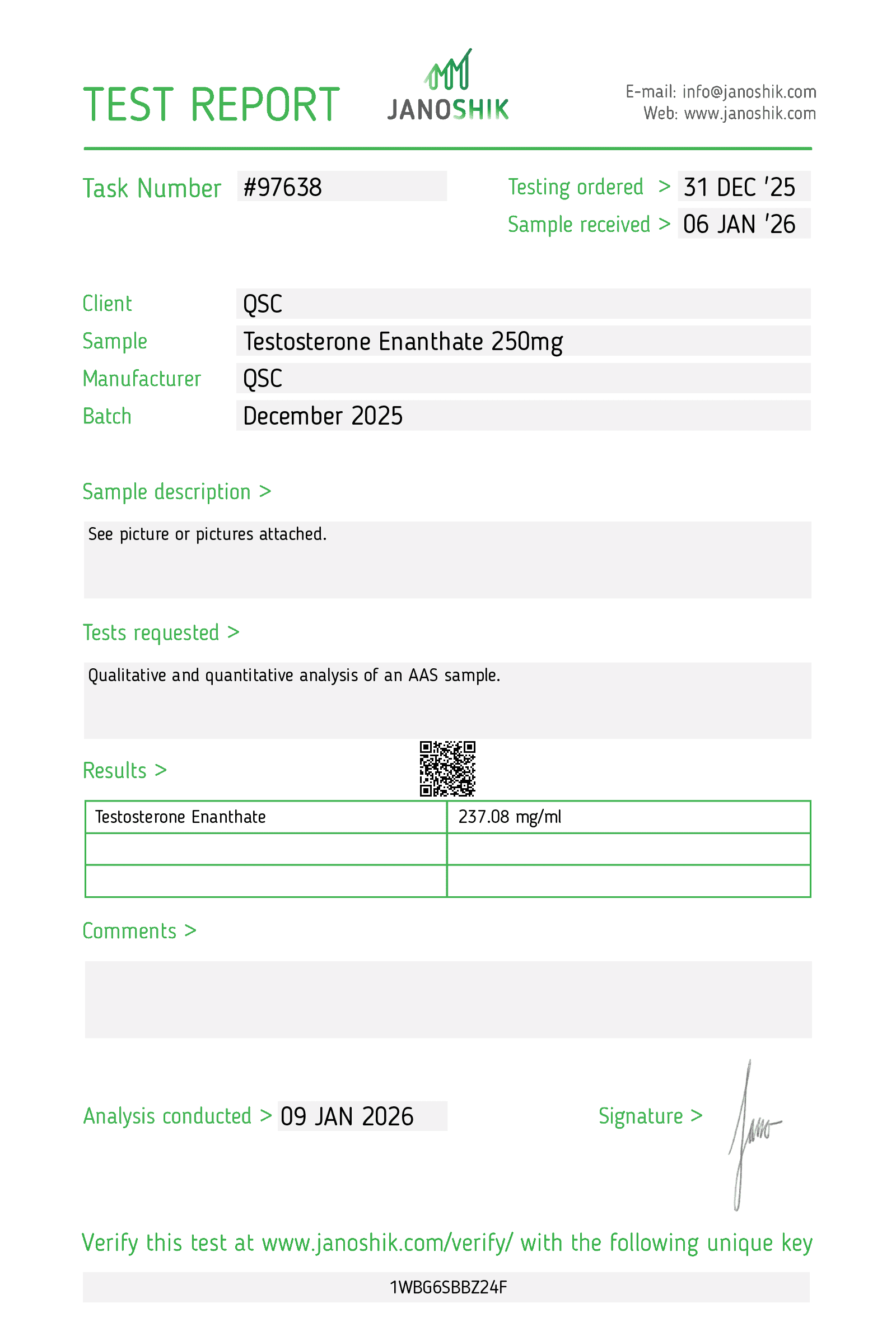 Testosterone Enanthate 250mg/mL Injectable | 10-Vial Kit - Janoshik test report