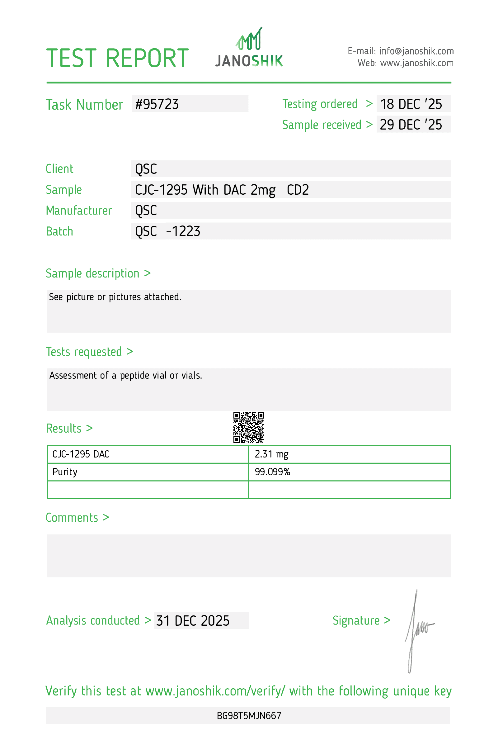 CJC-1295 (With DAC) 2mg | 10-Vial Kit | Long-Acting GHRH Analog | Growth Hormone Research - Janoshik test report