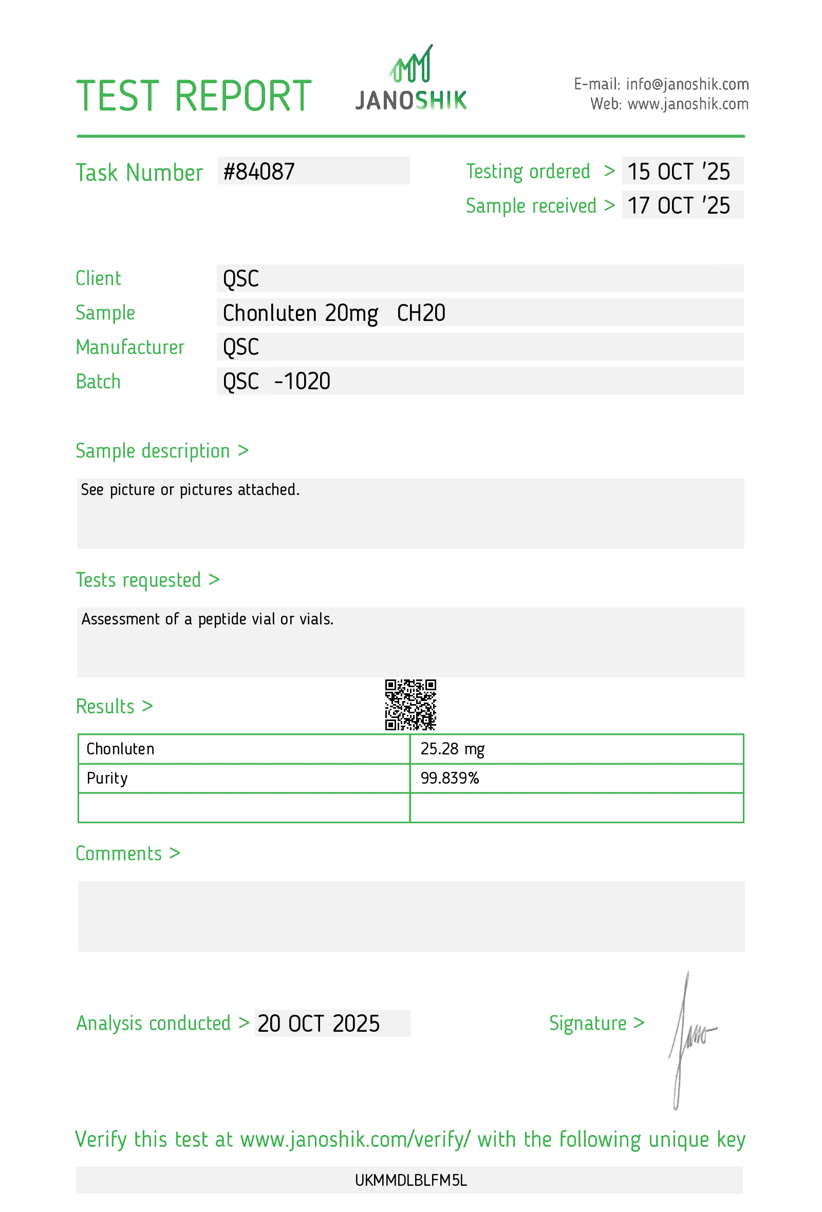 Chonluten 20mg | 20-Vial Kit | Colon Tissue Peptide Bioregulator - Janoshik test report