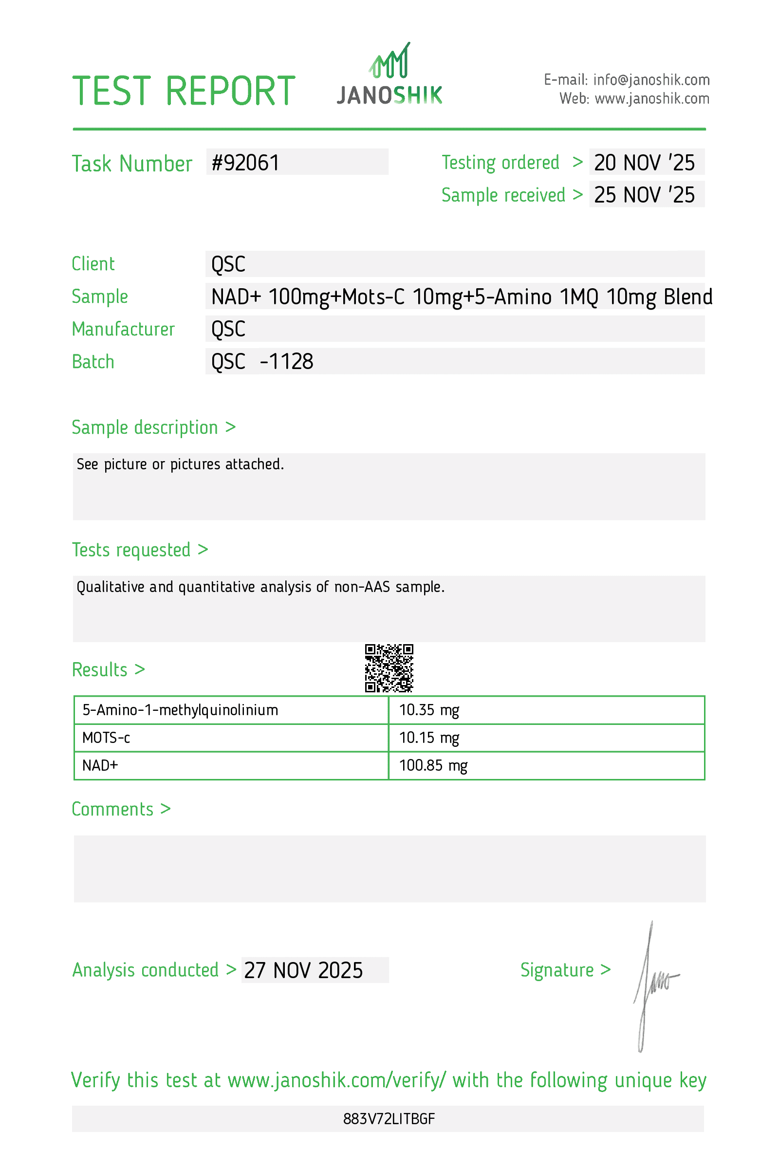 NAD+ 100mg + Mots-C 10mg + 5-Amino 1MQ 10mg Blend 120mg | 10-Vial Kit | Mitochondrial Longevity Blend - Janoshik test report
