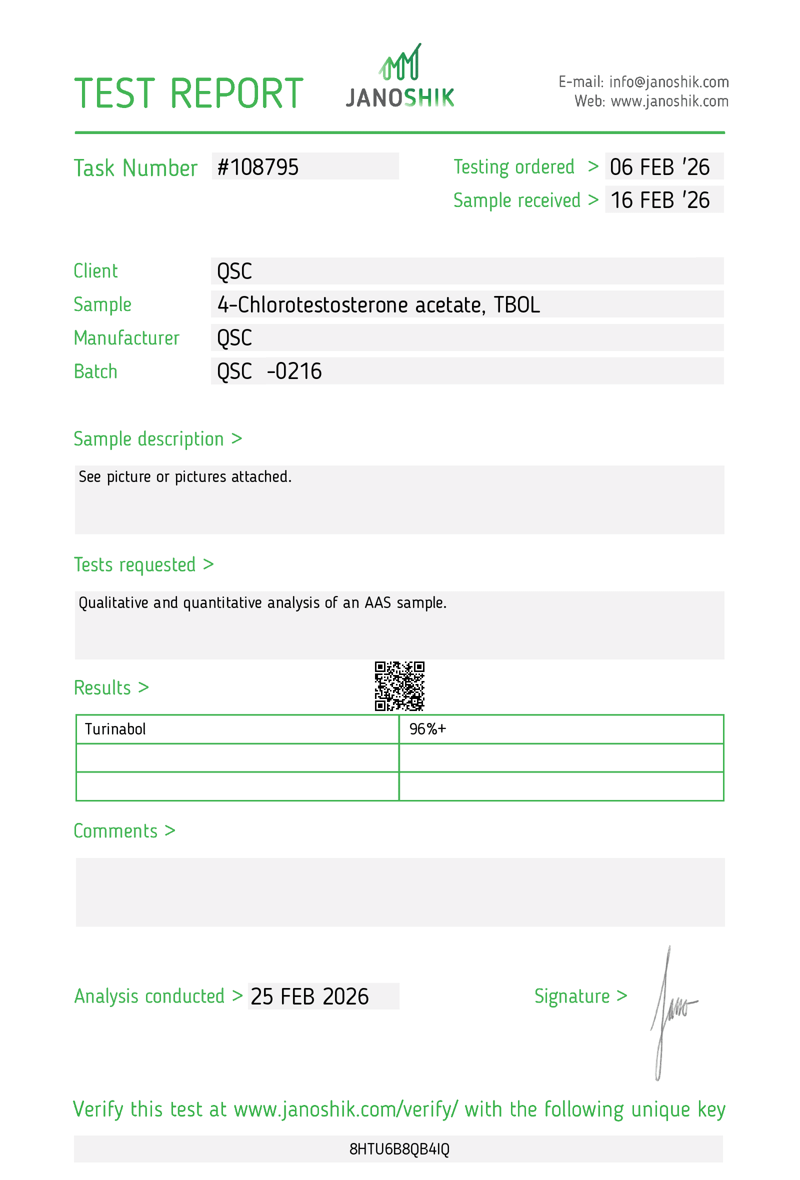 Turinabol 100G Raw Powder | 4-Chloro-17α-Methyl Testosterone - Janoshik test report