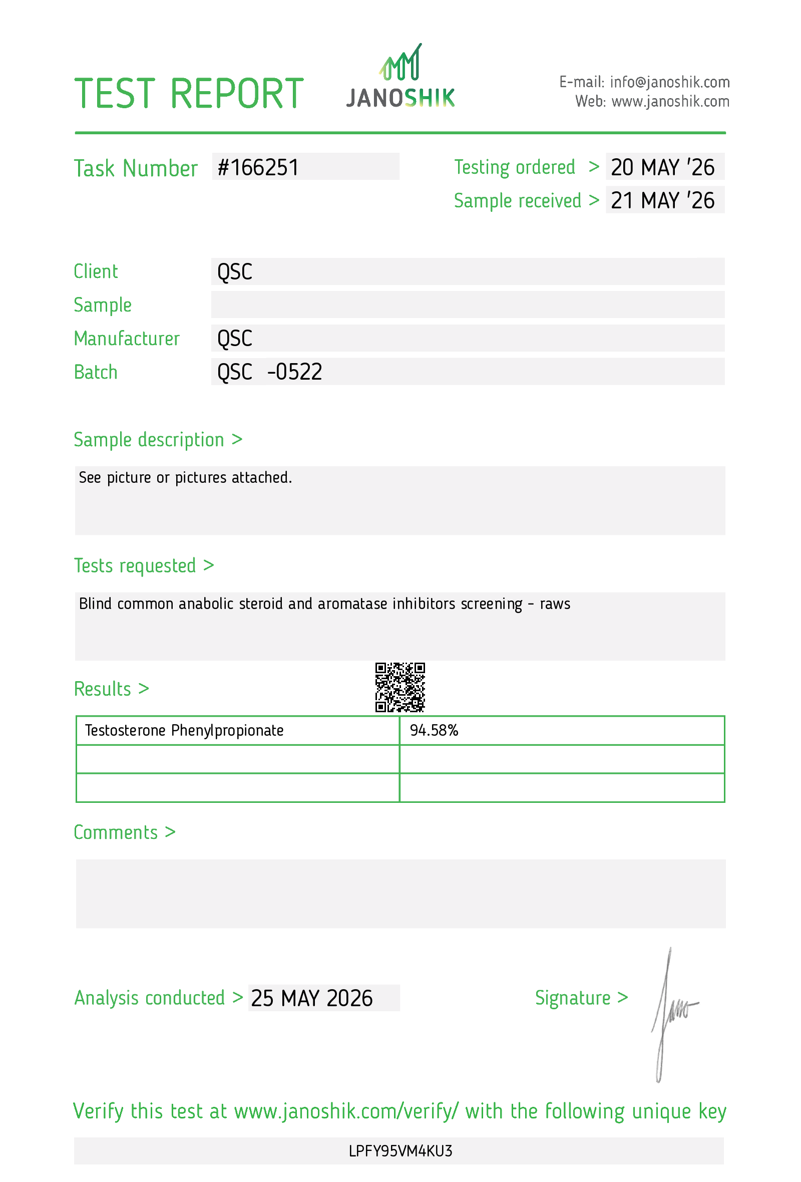 Testosterone Phenylpropionate 1KG Raw Powder | TestPP - Janoshik test report