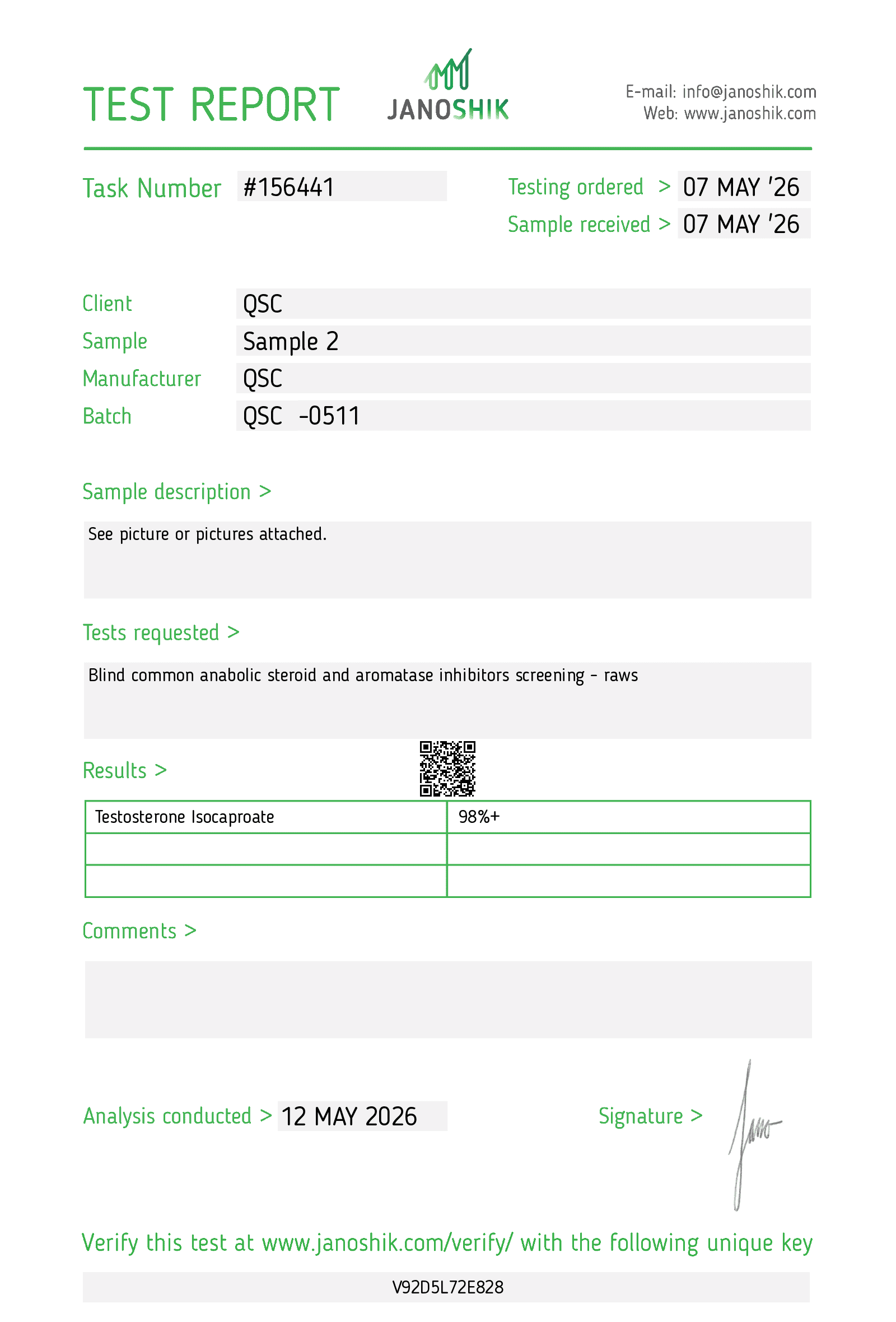 Testosterone Isocaproate 100G Raw Powder | Medium-Ester Test - Janoshik test report