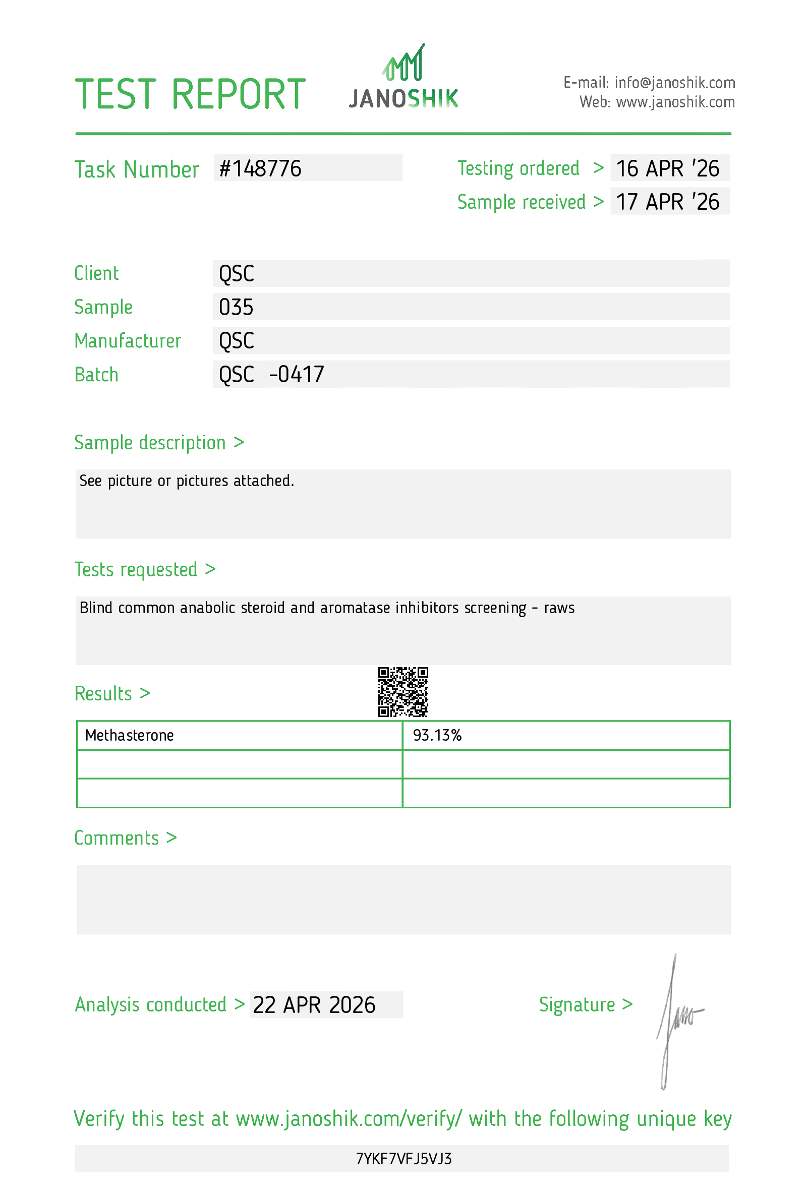Methasteron 100G Raw Powder | Superdrol - Janoshik test report